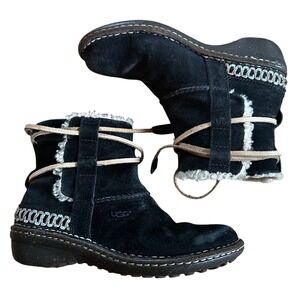 UGG Australia Black Suede Shearling Lace Up Boho Ankle Boots Women's 6